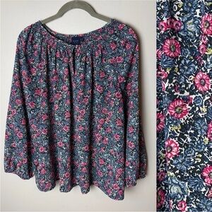 Kaari Blue Blouse Size Large Top 3/4 Sleeves Floral Blue Pink Green White